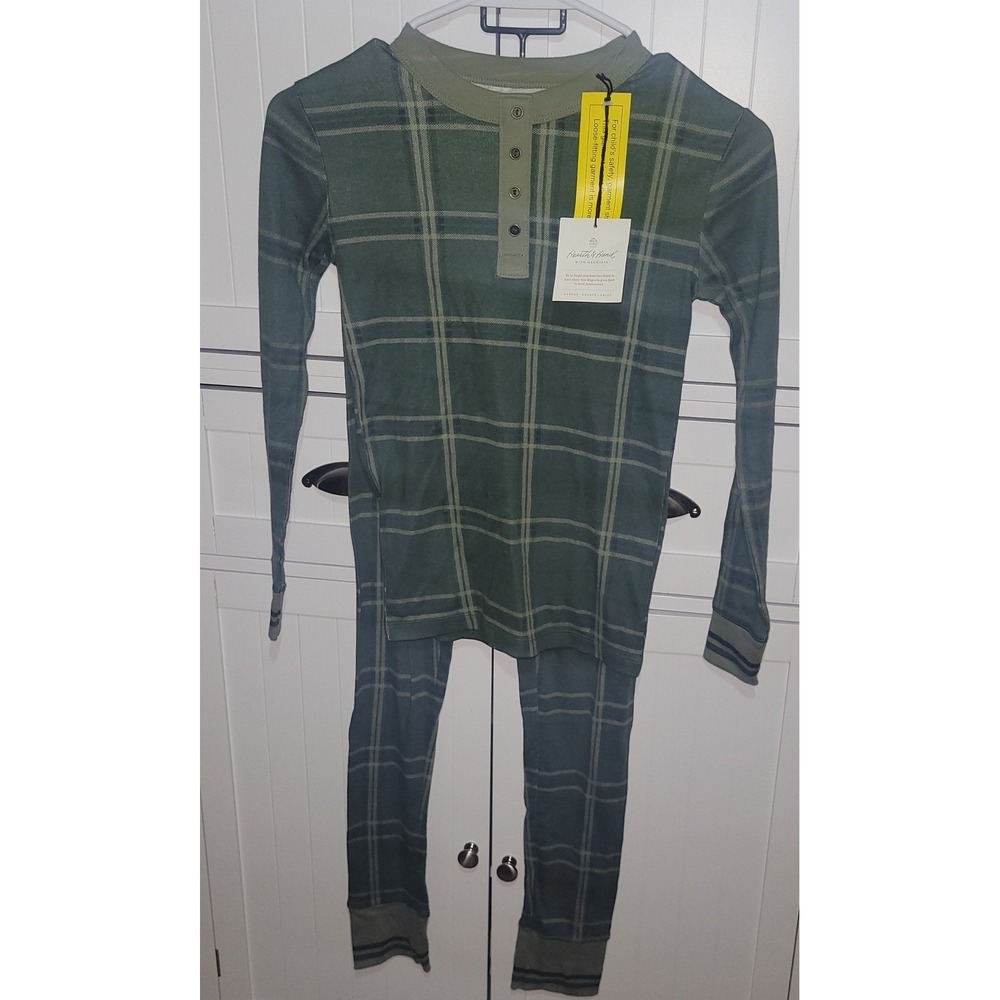 Hearth & Hand Kids Pajama Set Green Plaid Cotton Long Sleeve Sleepwear Outfit 10